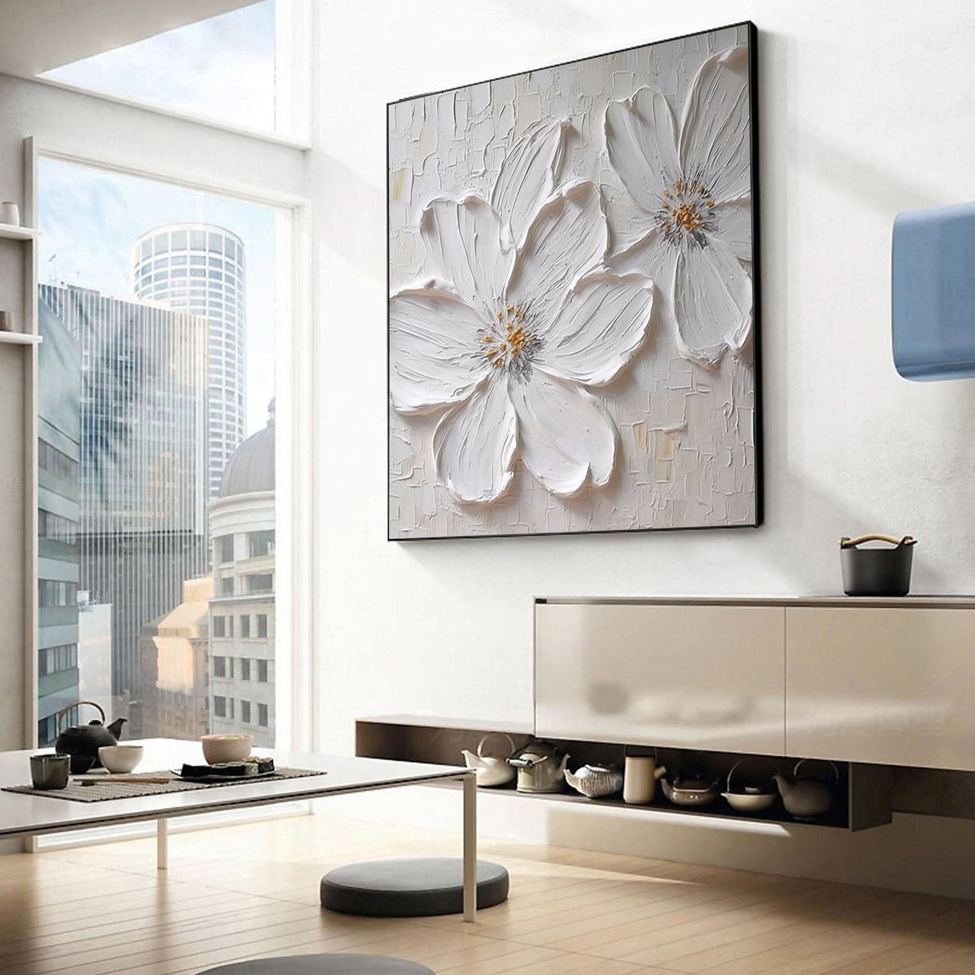 Textured White Blossom Canvas Art Luxurious Floral Wall Decor #FT 029