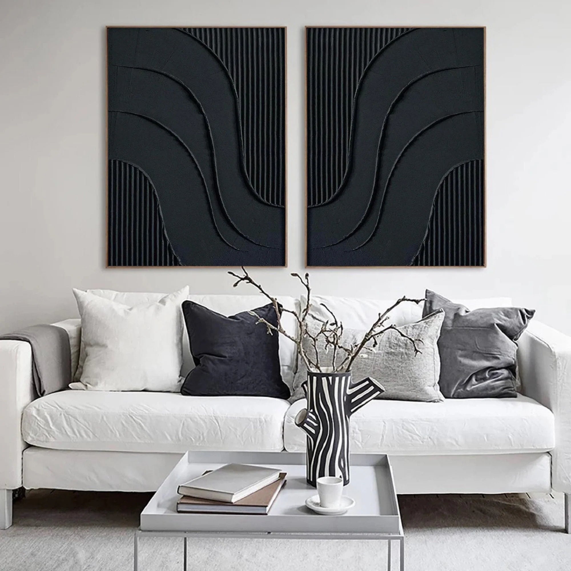 Set of 2 Black Minimalist Textured Original Painting, Large Modern Abstract Wall Decor