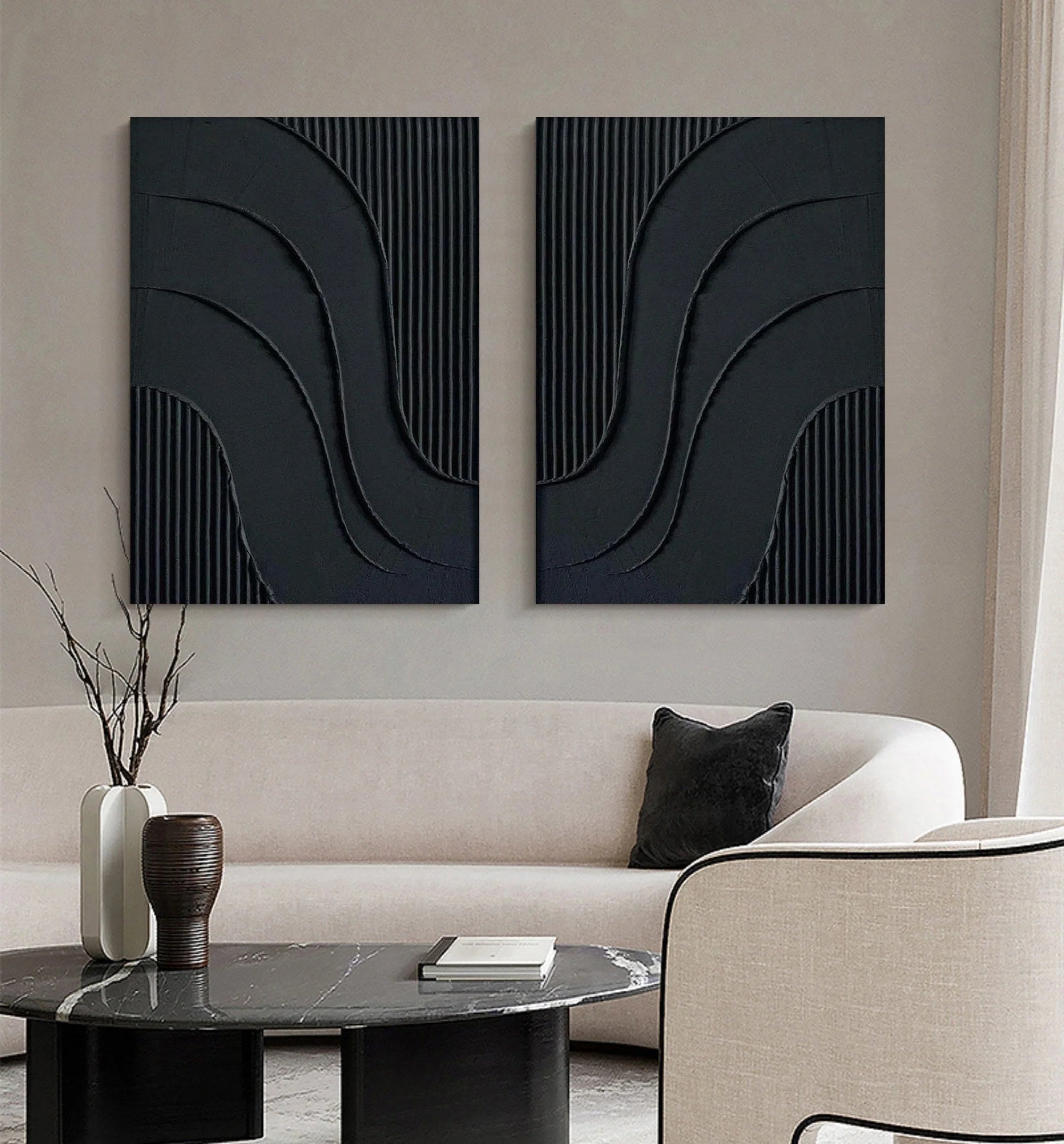 Set of 2 Black Minimalist Textured Original Painting, Large Modern Abstract Wall Decor