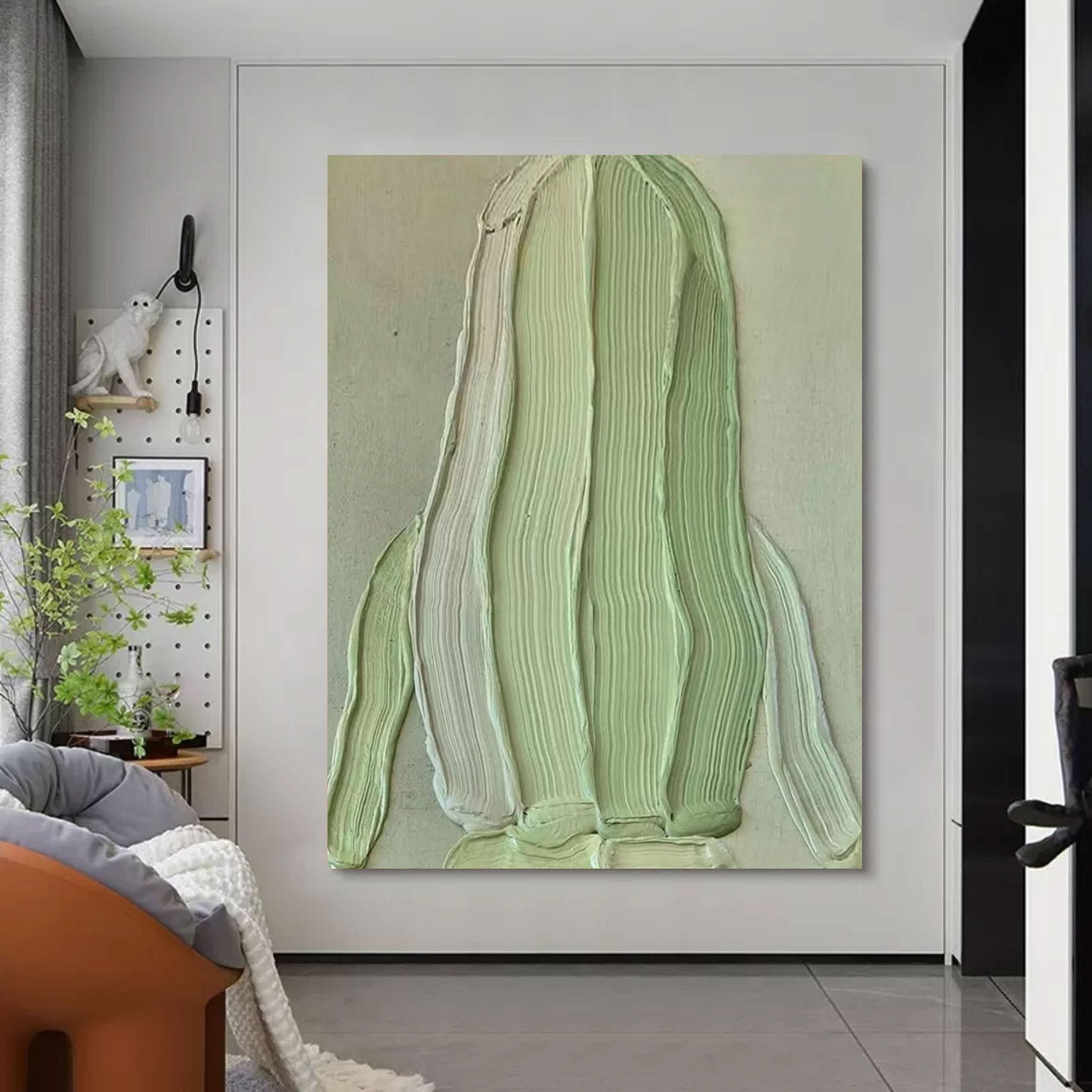 Beautiful girl back view canvas painting 3D plaster wall art Green heavy acrylic texture painting