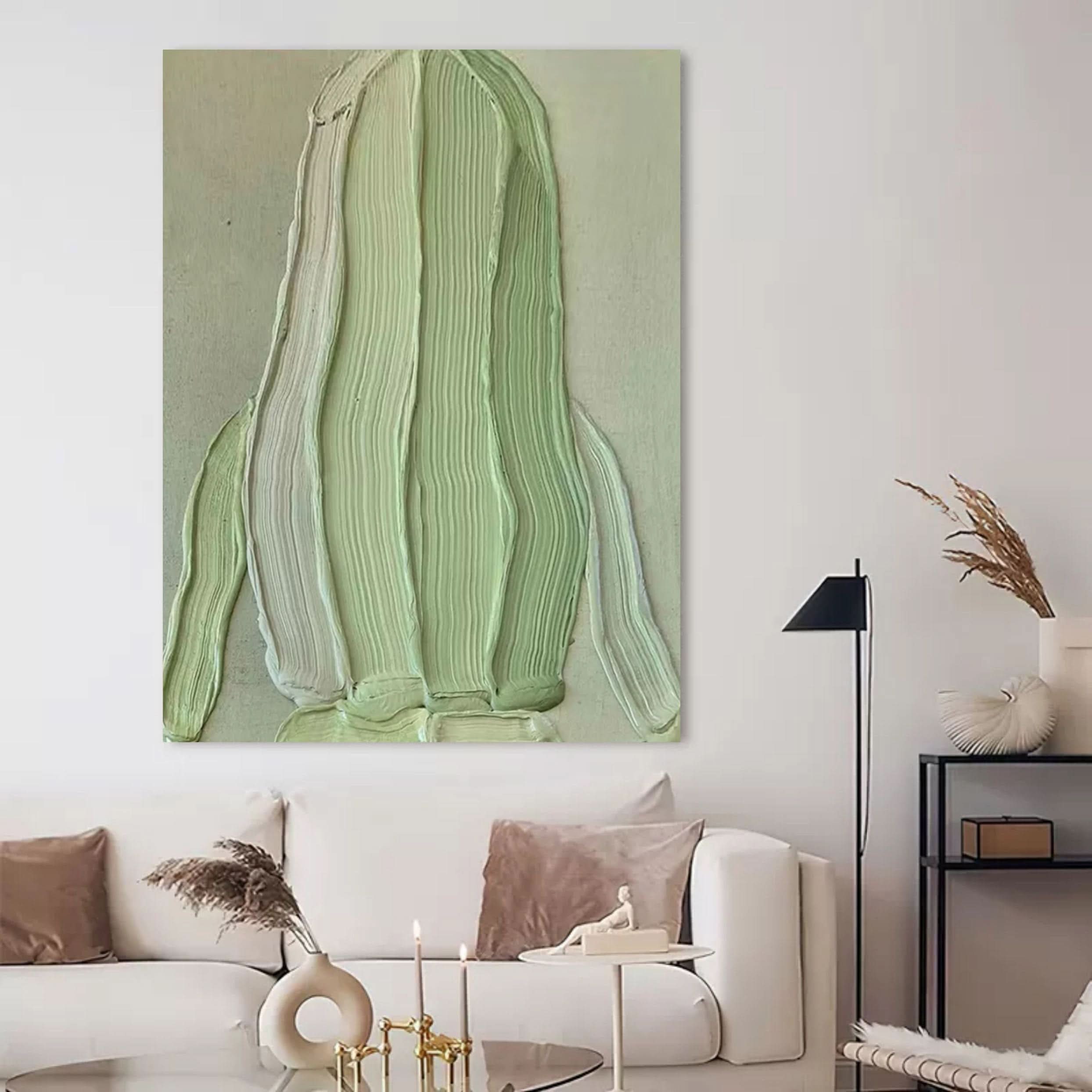 Beautiful girl back view canvas painting 3D plaster wall art Green heavy acrylic texture painting