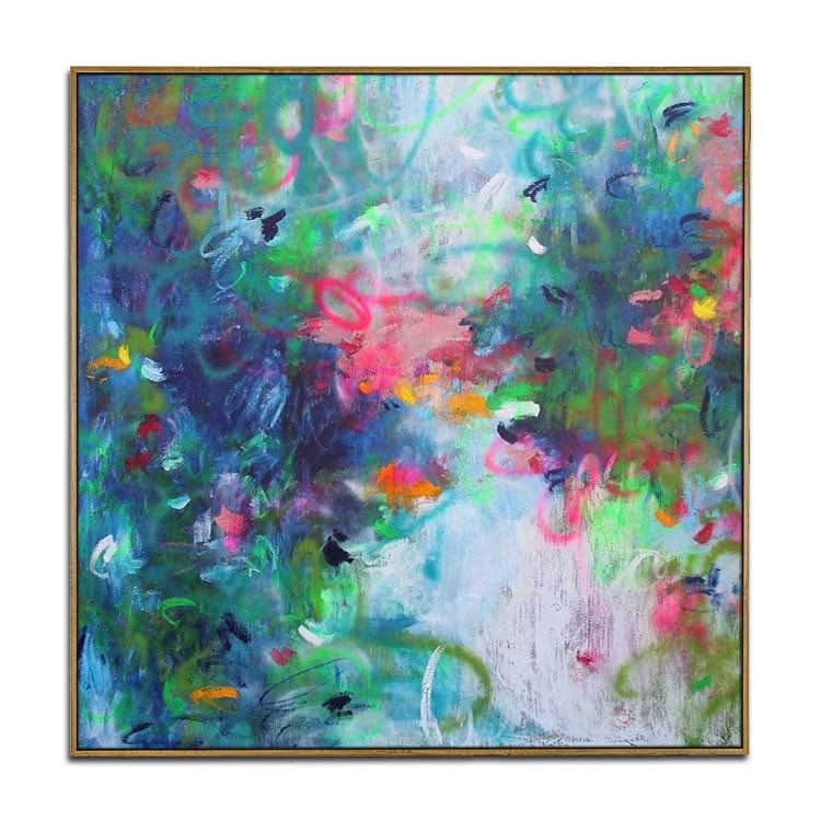 Großes Ölgemälde auf Leinwand, handgefertigtes Ölgemälde, Schlafzimmergemälde, modernes blau-grünes Wandkunstgemälde | Die Welt der Blumen