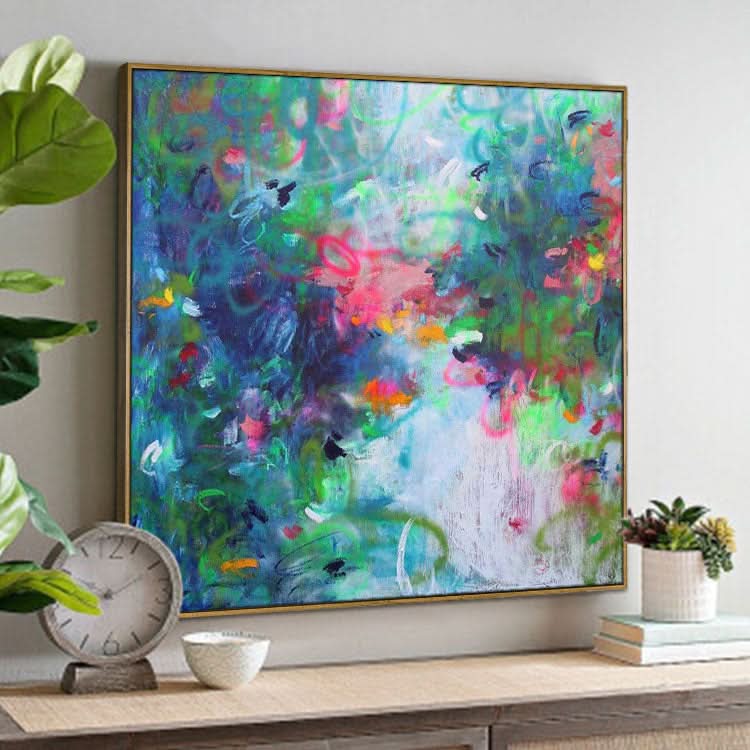 Großes Ölgemälde auf Leinwand, handgefertigtes Ölgemälde, Schlafzimmergemälde, modernes blau-grünes Wandkunstgemälde | Die Welt der Blumen