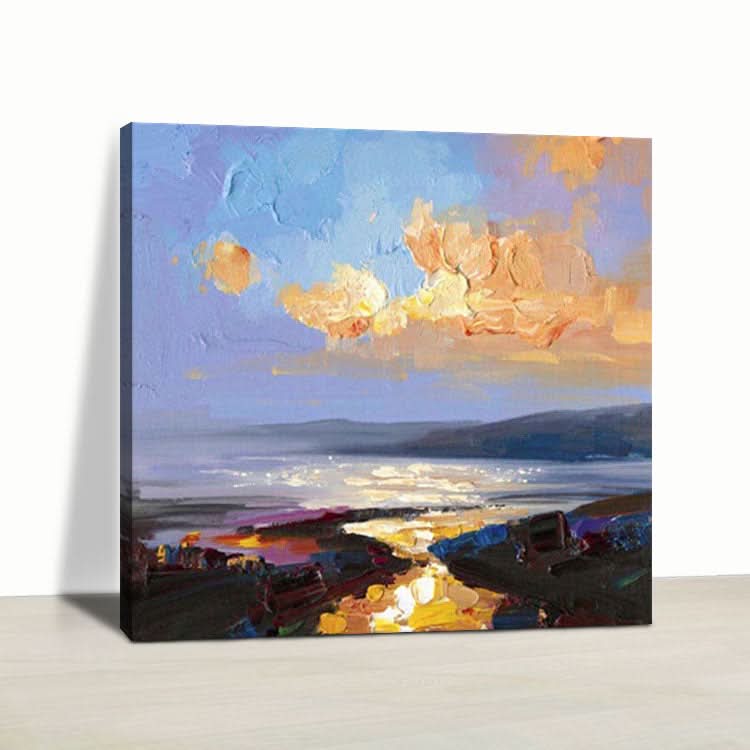 Großes Ölgemälde auf Leinwand, handgefertigt, Ölgemälde für Schlafzimmer, modernes himmelblaues abstraktes Kunstwerk, Goldgemälde, die Strahlen der untergehenden Sonne