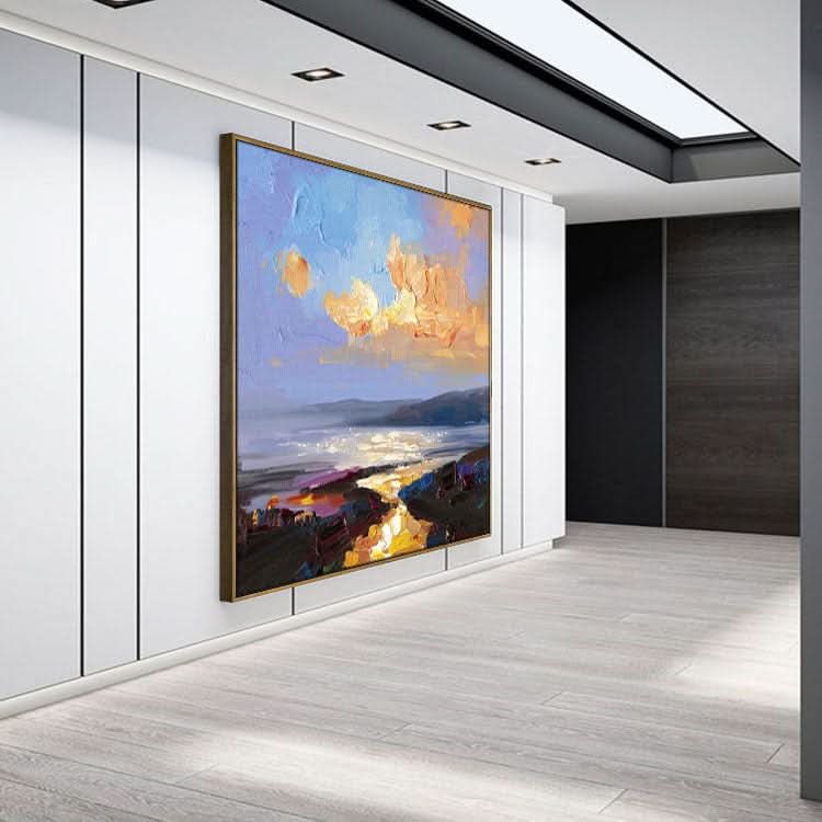 Großes Ölgemälde auf Leinwand, handgefertigt, Ölgemälde für Schlafzimmer, modernes himmelblaues abstraktes Kunstwerk, Goldgemälde, die Strahlen der untergehenden Sonne