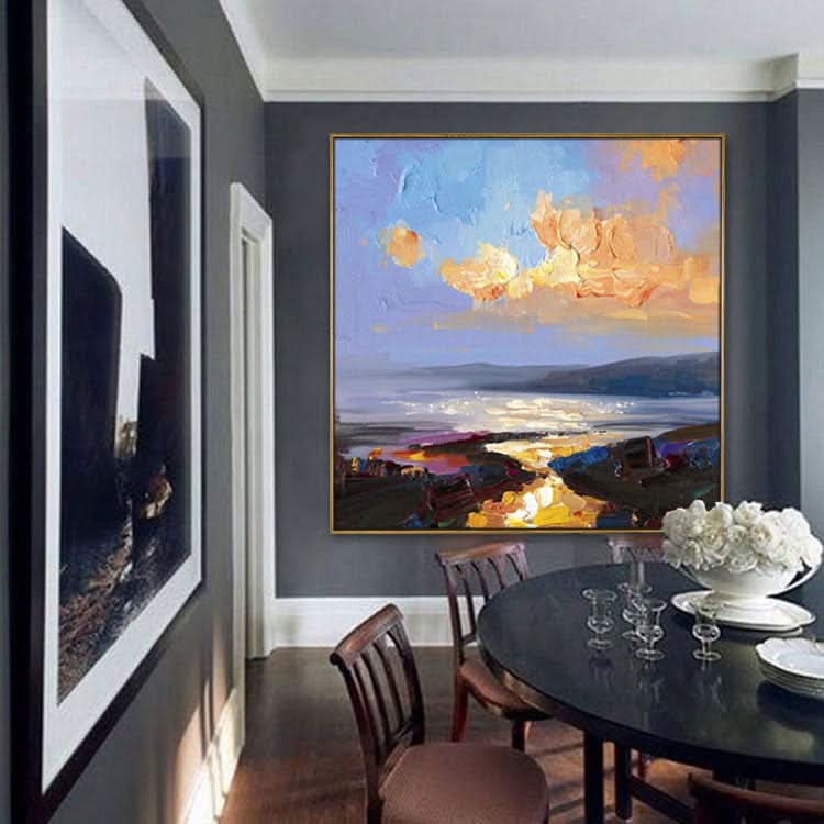 Großes Ölgemälde auf Leinwand, handgefertigt, Ölgemälde für Schlafzimmer, modernes himmelblaues abstraktes Kunstwerk, Goldgemälde, die Strahlen der untergehenden Sonne