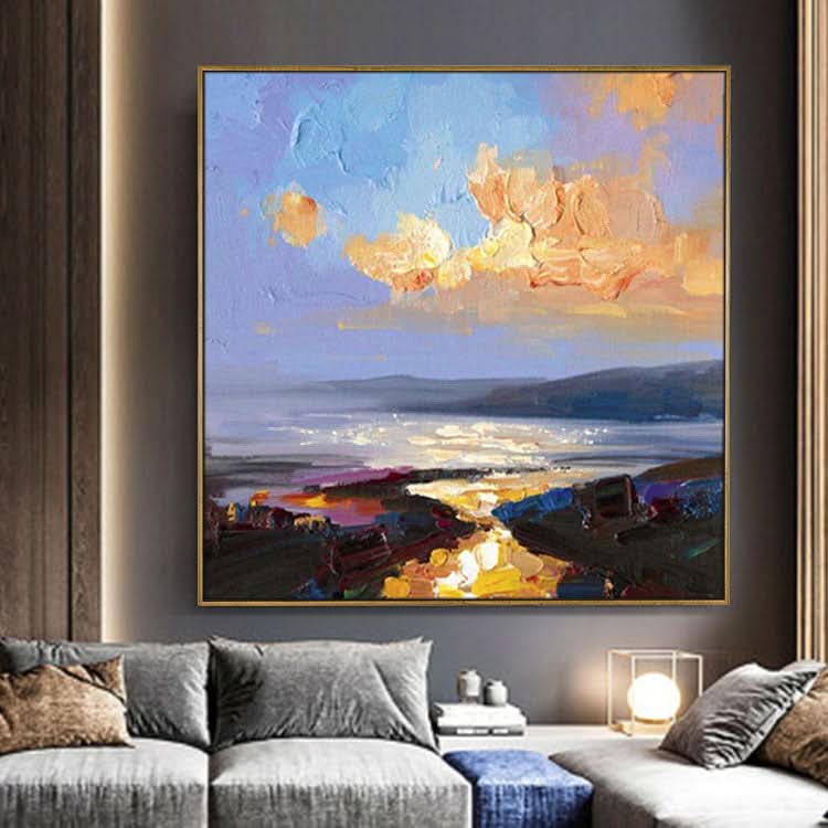 Großes Ölgemälde auf Leinwand, handgefertigt, Ölgemälde für Schlafzimmer, modernes himmelblaues abstraktes Kunstwerk, Goldgemälde, die Strahlen der untergehenden Sonne