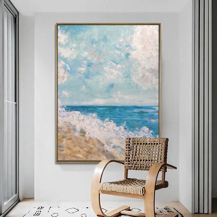 Die Wellen prasseln gegen das Ufer - handgefertigtes Strand-Wandbild, Meeresölgemälde auf Leinwand