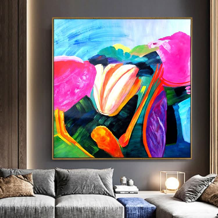 Gelbes Gemälde, Original, abstraktes Gemälde, zeitgenössisches Wandgemälde, abstrakte Acrylkunst auf Leinwand, Cushaw-Blume
