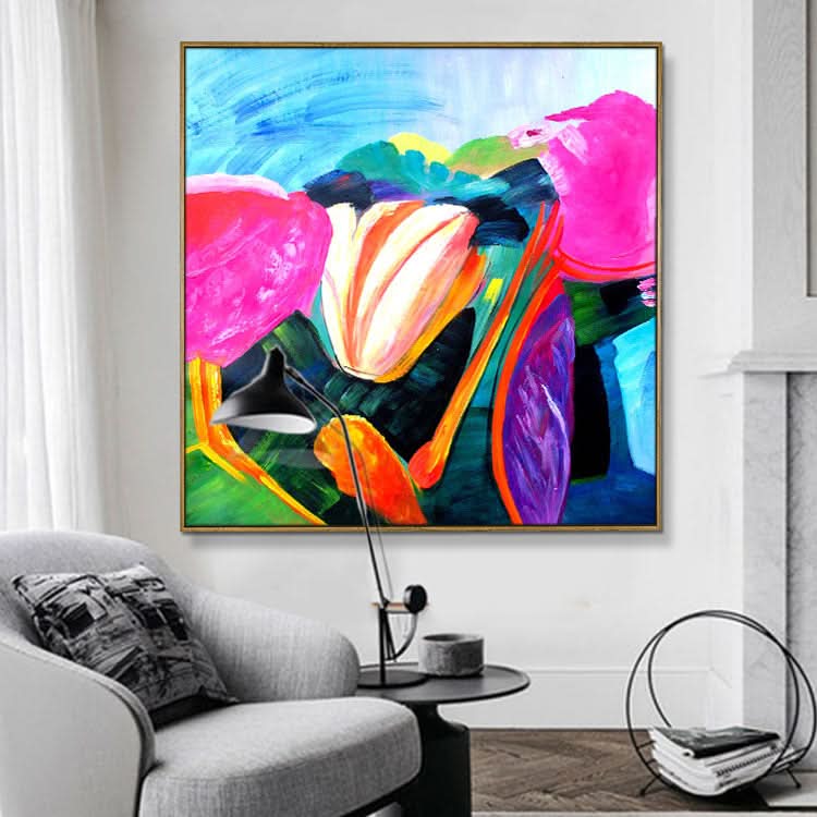 Gelbes Gemälde, Original, abstraktes Gemälde, zeitgenössisches Wandgemälde, abstrakte Acrylkunst auf Leinwand, Cushaw-Blume