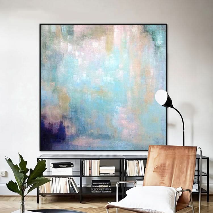 Hellblaues abstraktes Kunst-Grün-Gemälde Wohnzimmer-Gemälde Handgemachtes großes modernes Gemälde | Friedliches Bergdorf