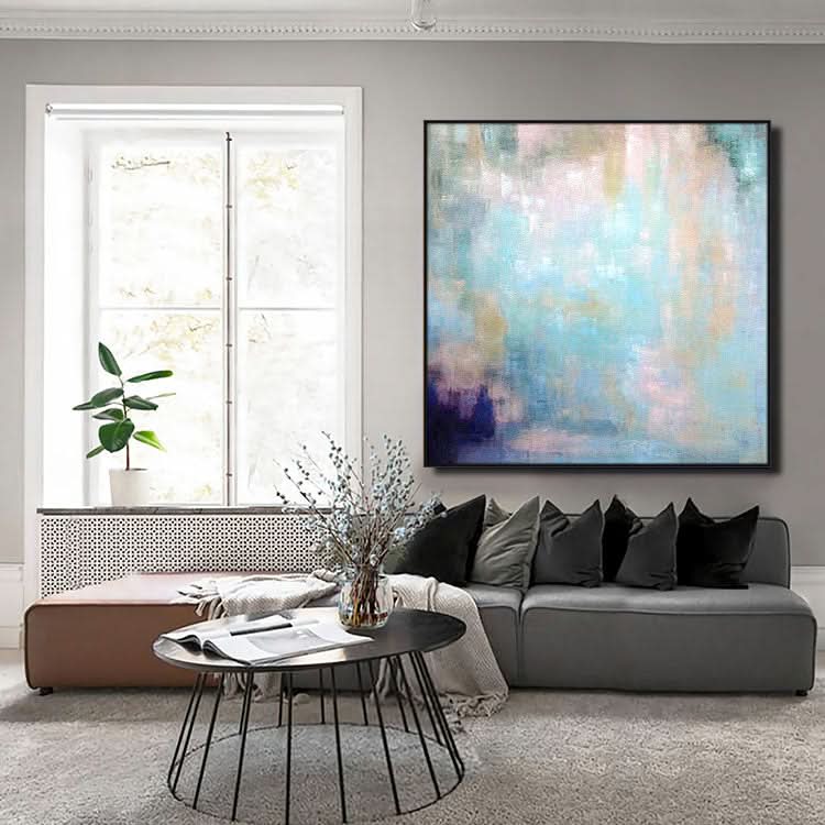 Hellblaues abstraktes Kunst-Grün-Gemälde Wohnzimmer-Gemälde Handgemachtes großes modernes Gemälde | Friedliches Bergdorf