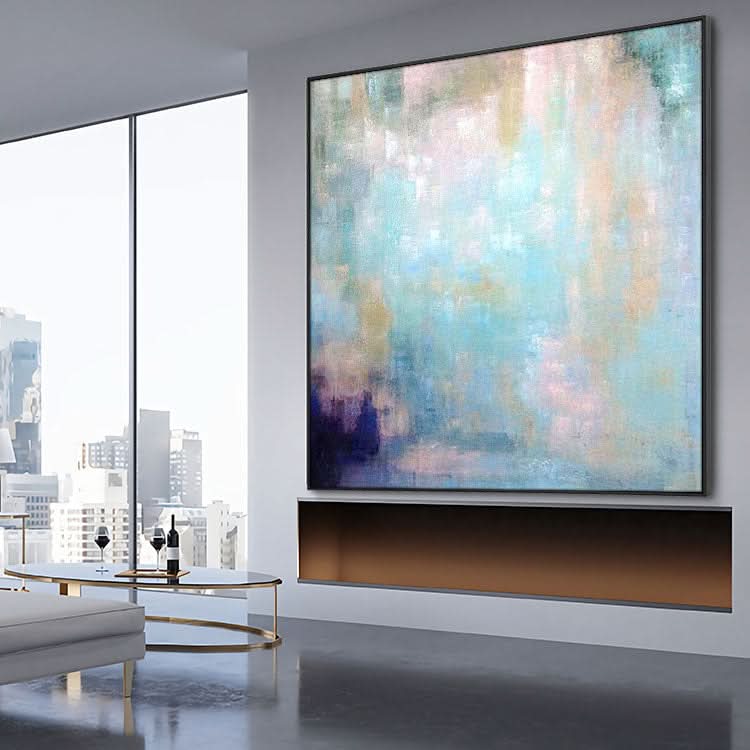 Hellblaues abstraktes Kunst-Grün-Gemälde Wohnzimmer-Gemälde Handgemachtes großes modernes Gemälde | Friedliches Bergdorf