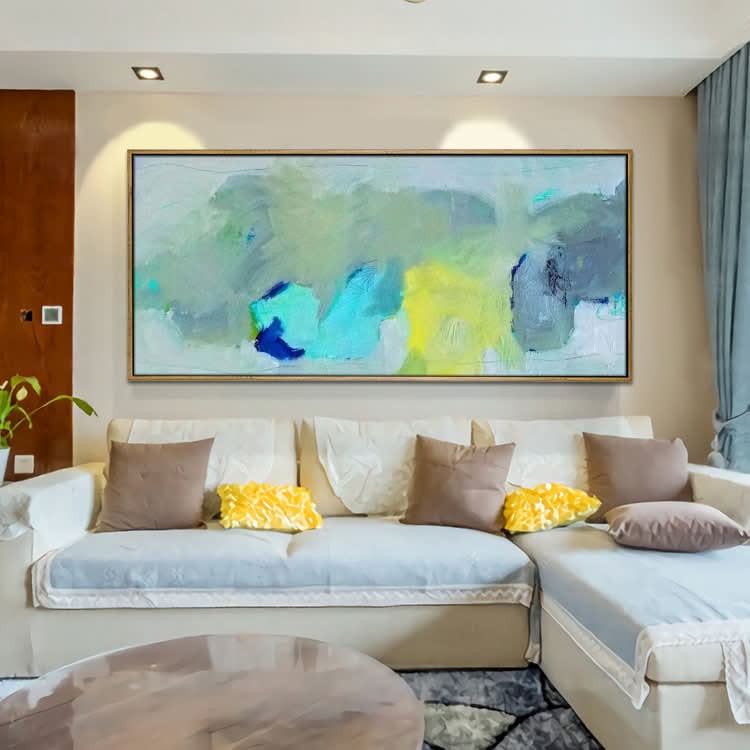 Gemälde auf Leinwand, modernes abstraktes Gemälde, abstraktes Ölgemälde auf Leinwand, Ölgemälde auf Leinwand, große Größe, Wohnzimmer, hellblaues, grünes und gelbes Gemälde