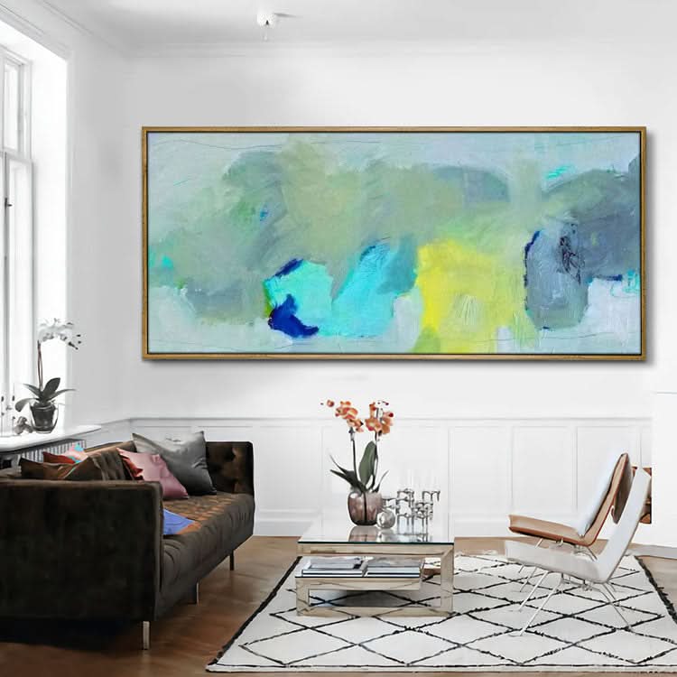 Gemälde auf Leinwand, modernes abstraktes Gemälde, abstraktes Ölgemälde auf Leinwand, Ölgemälde auf Leinwand, große Größe, Wohnzimmer, hellblaues, grünes und gelbes Gemälde