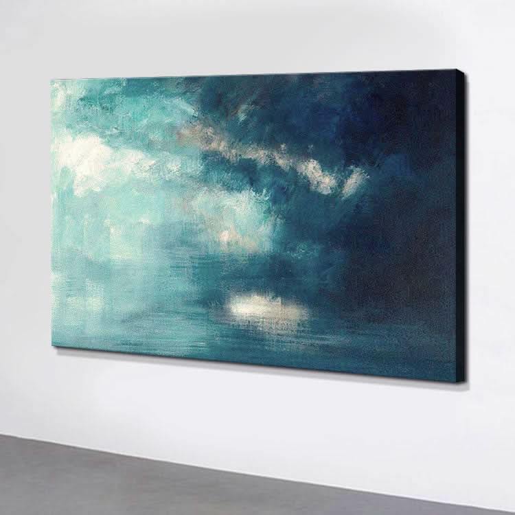 Morgenlicht - Handgemaltes blau-grünes Meereslandschafts-Wandbild, Küsten-Ölgemälde