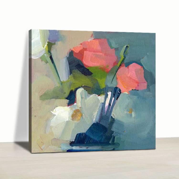 Rosa und weiße Blumen in Vase - handgemachte moderne abstrakte Wandkunst Blumen Ölgemälde