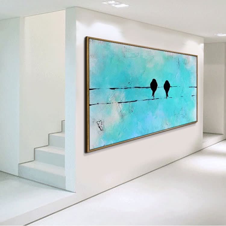 Gemeinsam lieben – handgemaltes Vogel-Ölgemälde, blaugrün, moderne Tier-Wandkunst