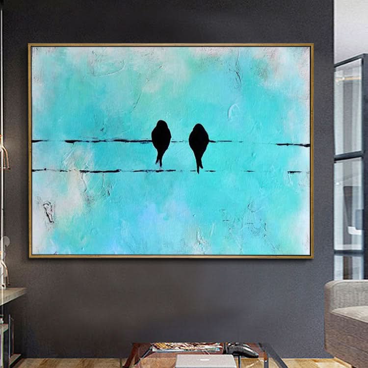 Gemeinsam lieben – handgemaltes Vogel-Ölgemälde, blaugrün, moderne Tier-Wandkunst
