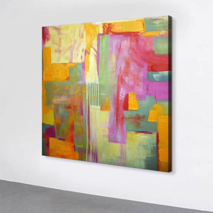 Großes abstraktes Kunstwerk, Originalgemälde in Gold, Rosa, Blaugrün, Abstraktes Gemälde auf Leinwand, Farbenfrohes, modernes, primitives Gemälde