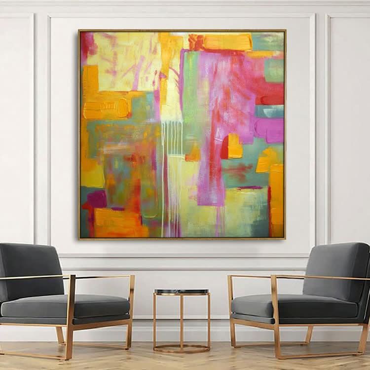 Großes abstraktes Kunstwerk, Originalgemälde in Gold, Rosa, Blaugrün, Abstraktes Gemälde auf Leinwand, Farbenfrohes, modernes, primitives Gemälde