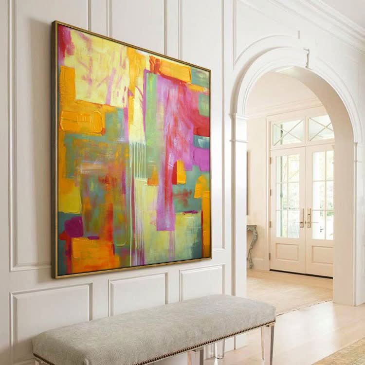 Großes abstraktes Kunstwerk, Originalgemälde in Gold, Rosa, Blaugrün, Abstraktes Gemälde auf Leinwand, Farbenfrohes, modernes, primitives Gemälde