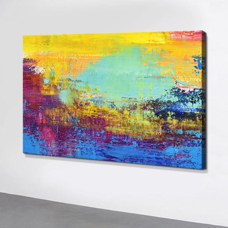 Abstrakte Kunst in Türkis, Gold und Hellblau | Sonnenuntergang - Handgemachter abstrakter Kunstdruck Leinwand Sonnenuntergang Gemälde