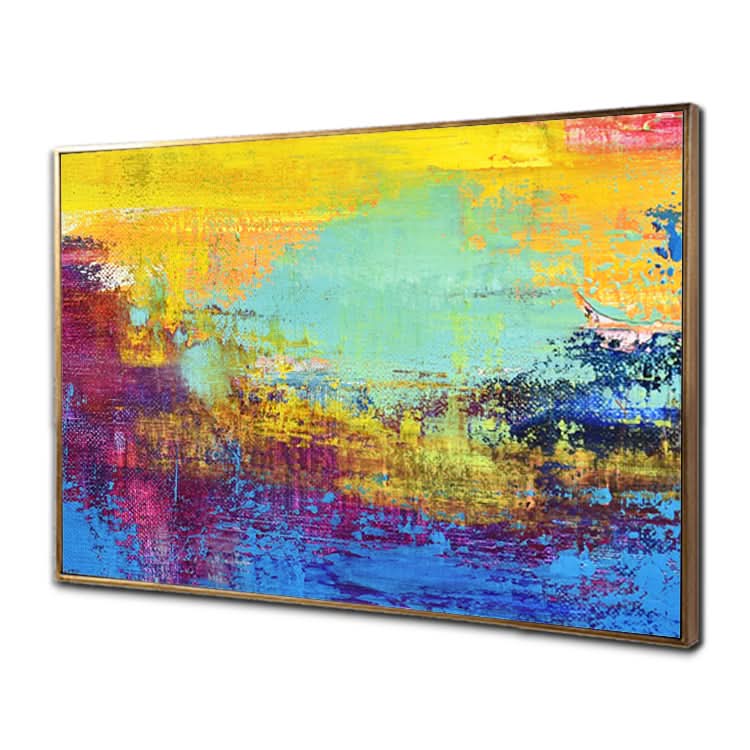 Abstrakte Kunst in Türkis, Gold und Hellblau | Sonnenuntergang - Handgemachter abstrakter Kunstdruck Leinwand Sonnenuntergang Gemälde