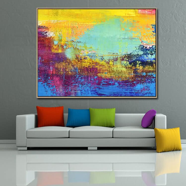 Abstrakte Kunst in Türkis, Gold und Hellblau | Sonnenuntergang - Handgemachter abstrakter Kunstdruck Leinwand Sonnenuntergang Gemälde