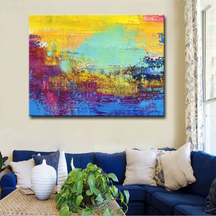 Abstrakte Kunst in Türkis, Gold und Hellblau | Sonnenuntergang - Handgemachter abstrakter Kunstdruck Leinwand Sonnenuntergang Gemälde