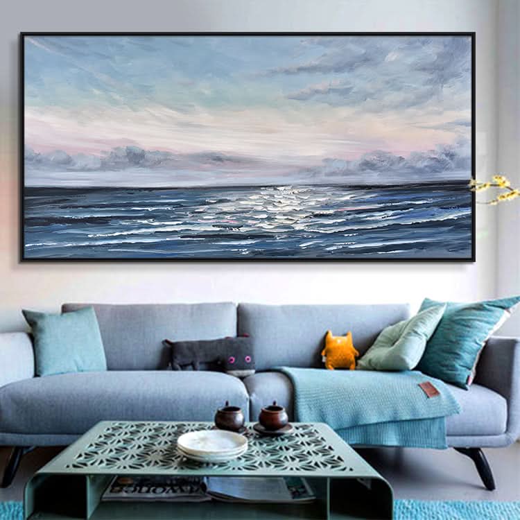 Großes Leinwandbild, Bürodekor, abstraktes Leinwandbild, Ölgemälde, modernes blau-blassgelbes Wandbild, Meeresspiegel