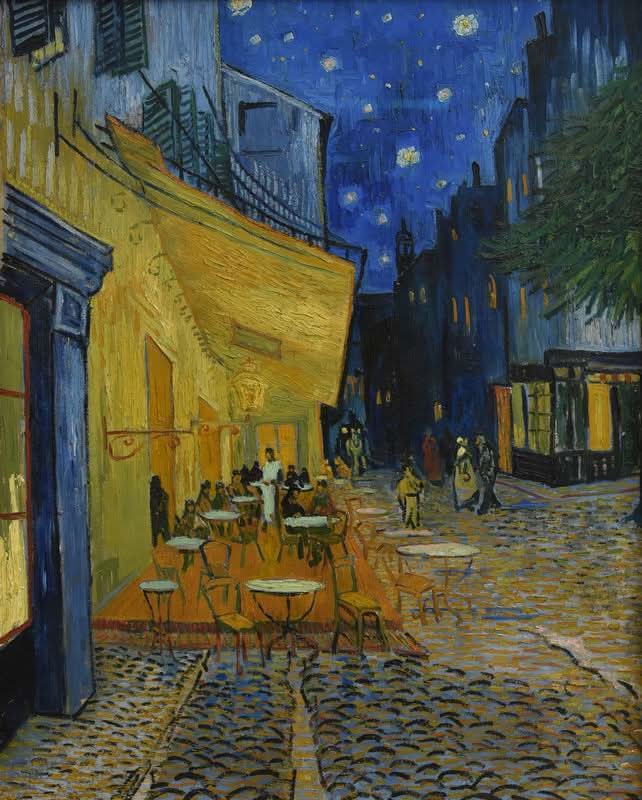 Die Café-Terrasse auf dem Place du Forum in Arles bei Nacht