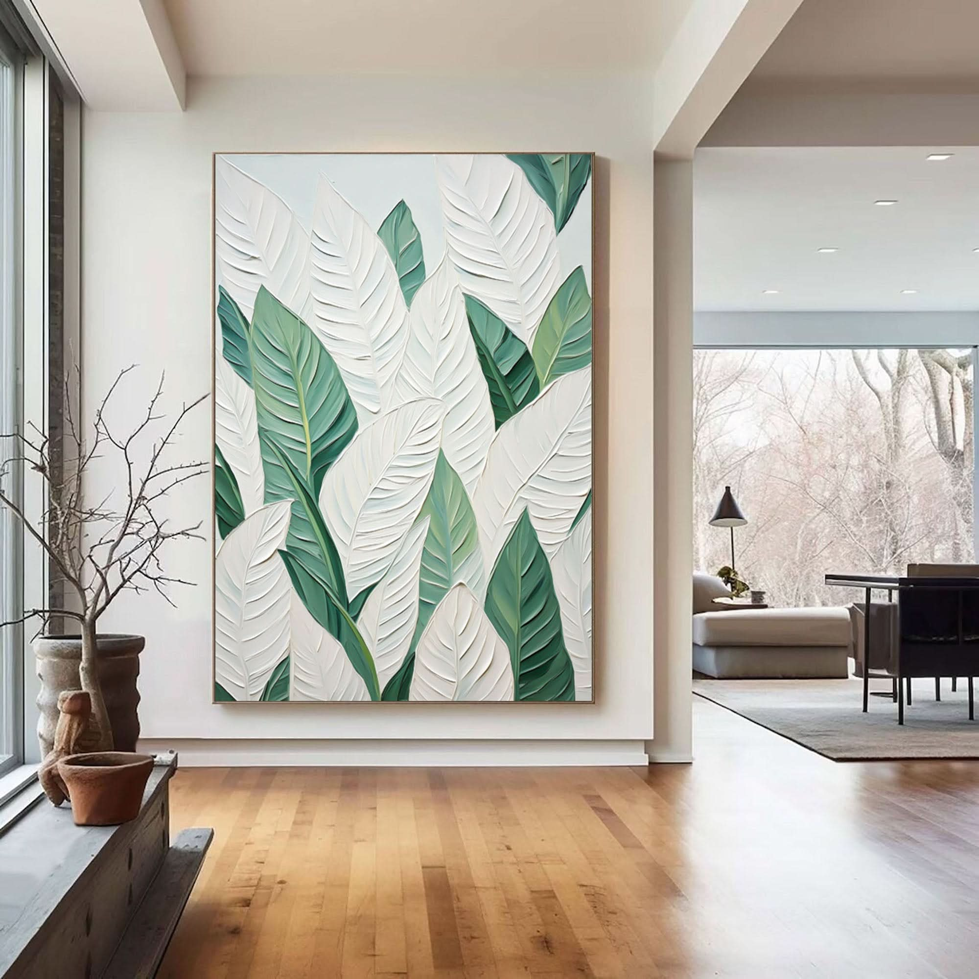 Green and White Leaf Canvas Art #BGM 029