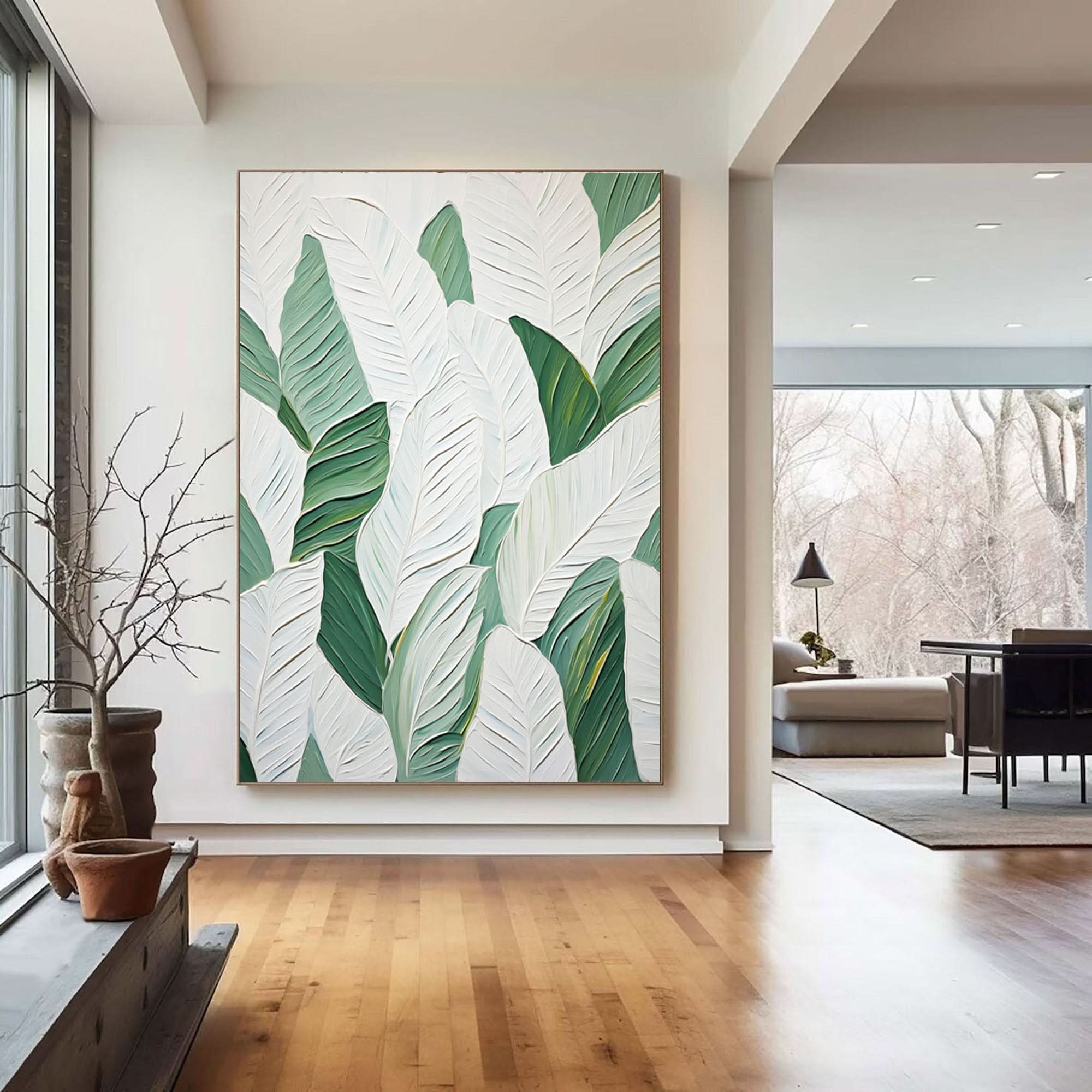 Green and White Leaf Canvas Art #BGM 031