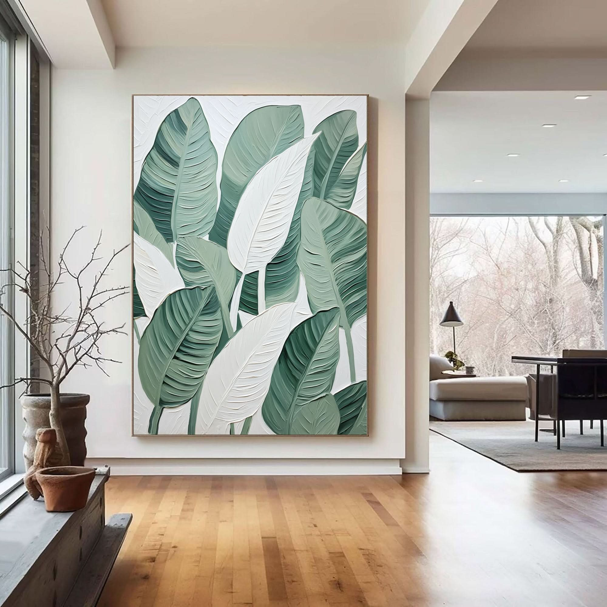 Green and White Leaf Canvas Art #BGM 030