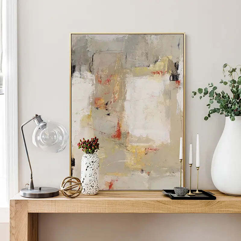 Gold Beige Wabi Sabi Painting Canvas, Large Gray Abstract Wall Art For Bedroom