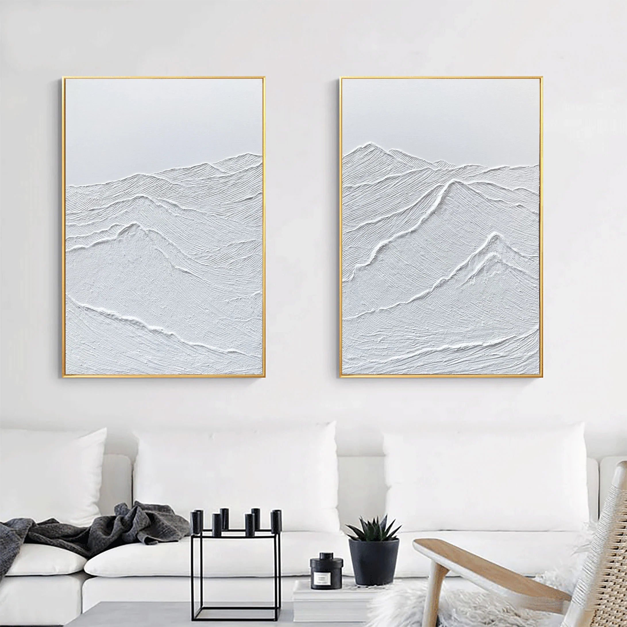 Set of 2 White Textured Plaster Painting for Bedroom/Living Room