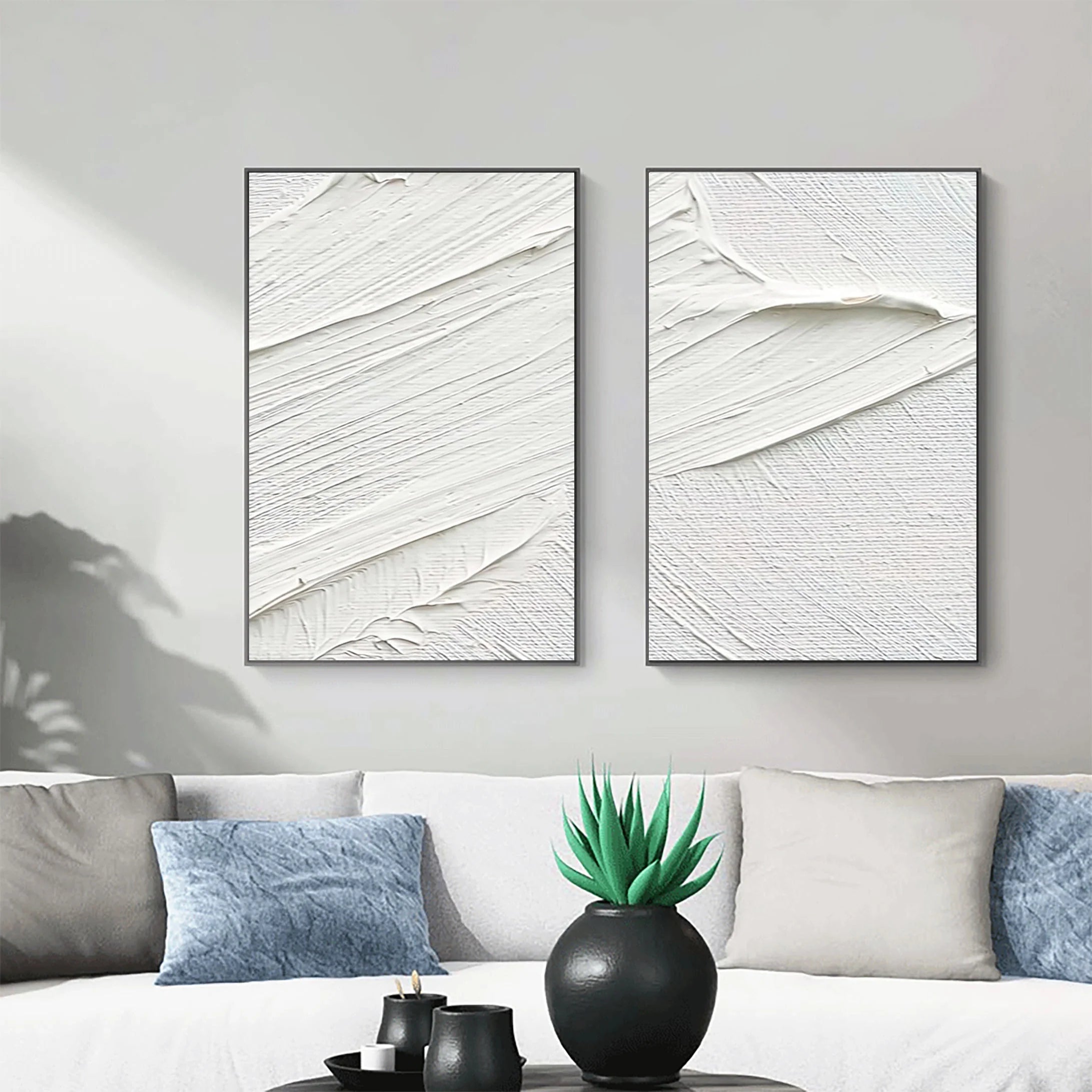 Set of 2 White Plaster Art Textured Painting on Canvas Wall Decor