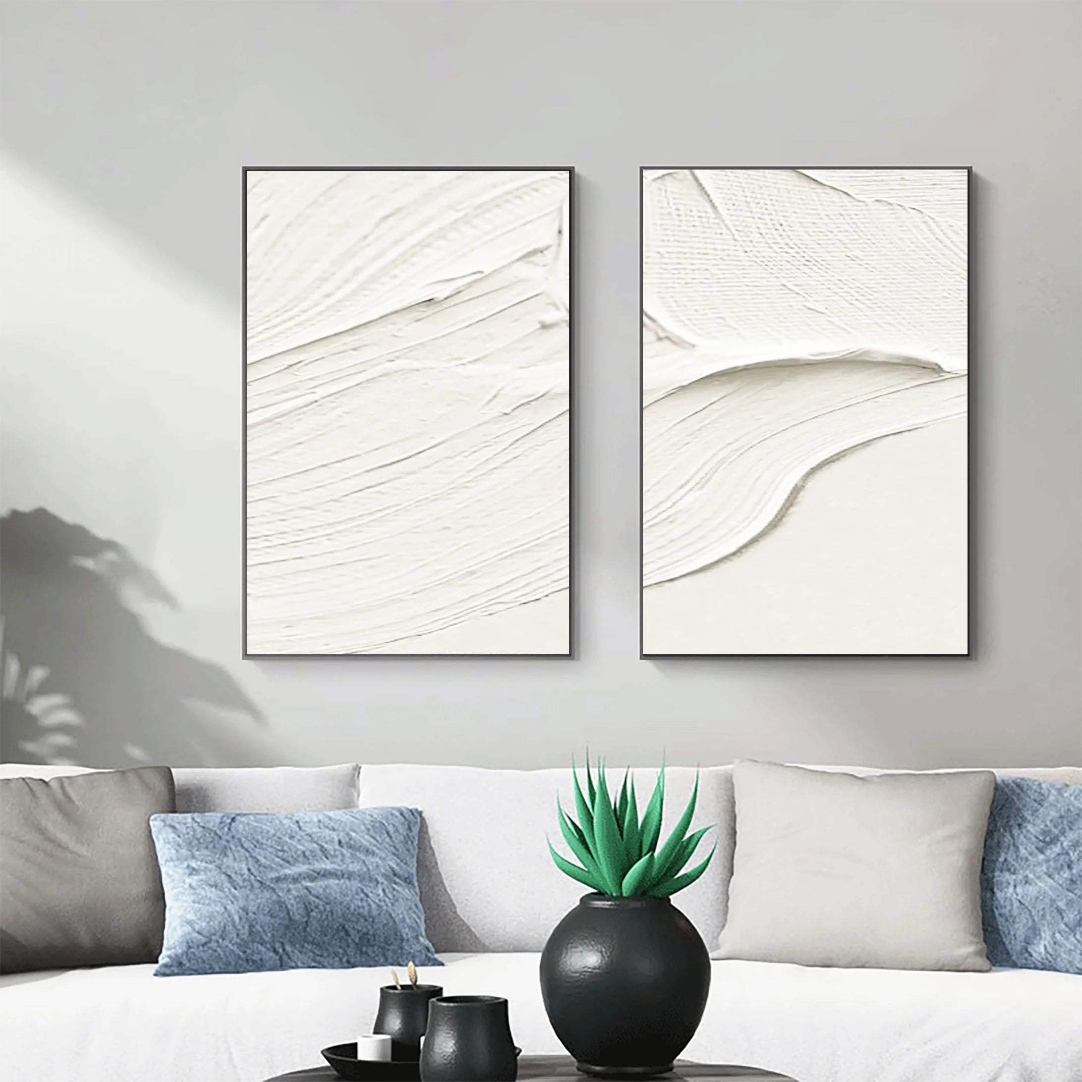 Set of 2 Plaster Art 3D Textured White Painting Original by Artist