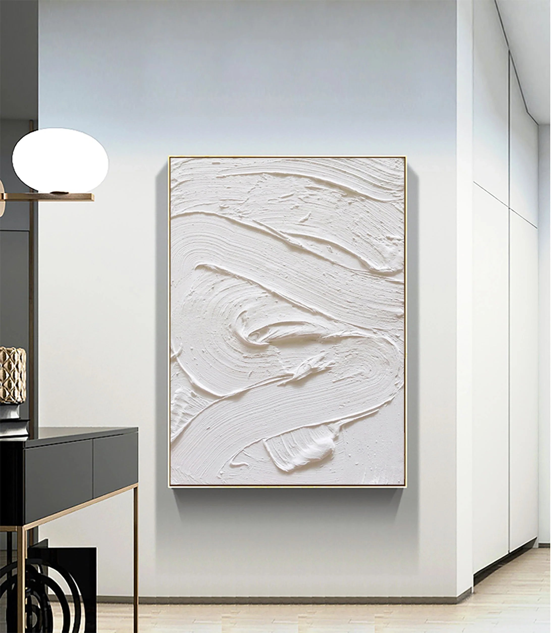 3D Textured White Plaster Minimalist Artwork Large Modern Abstract Original Framed Canvas