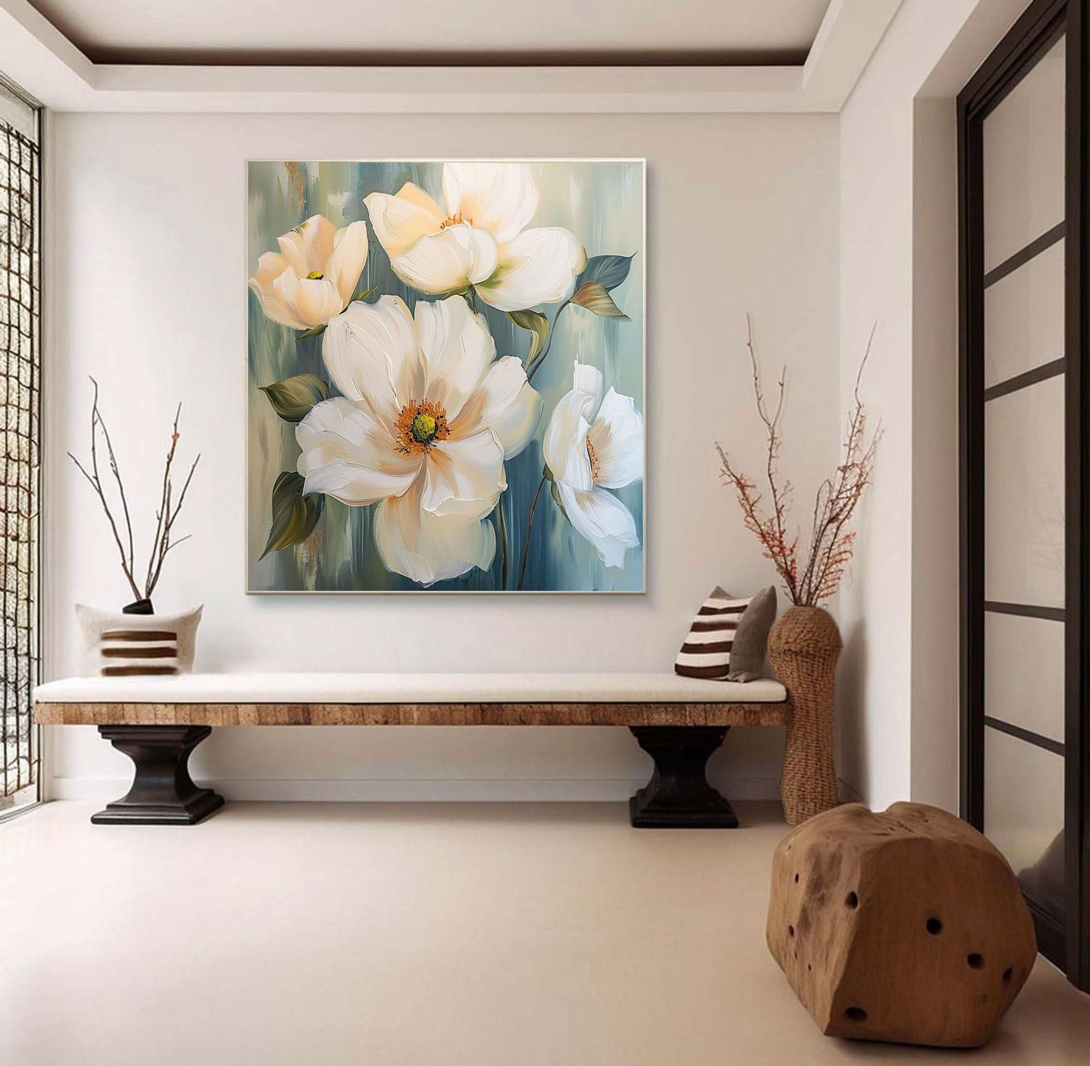 Elegant White Blossoms Canvas Art Serene Floral Wall Decor #FT 030