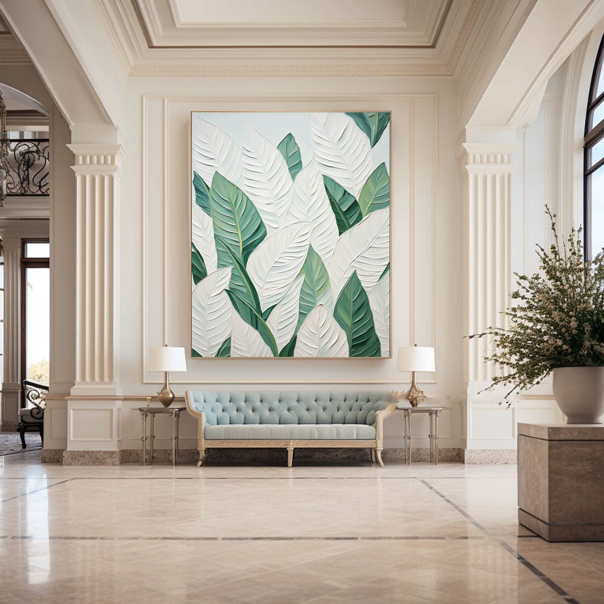 Green and White Leaf Canvas Art #BGM 029