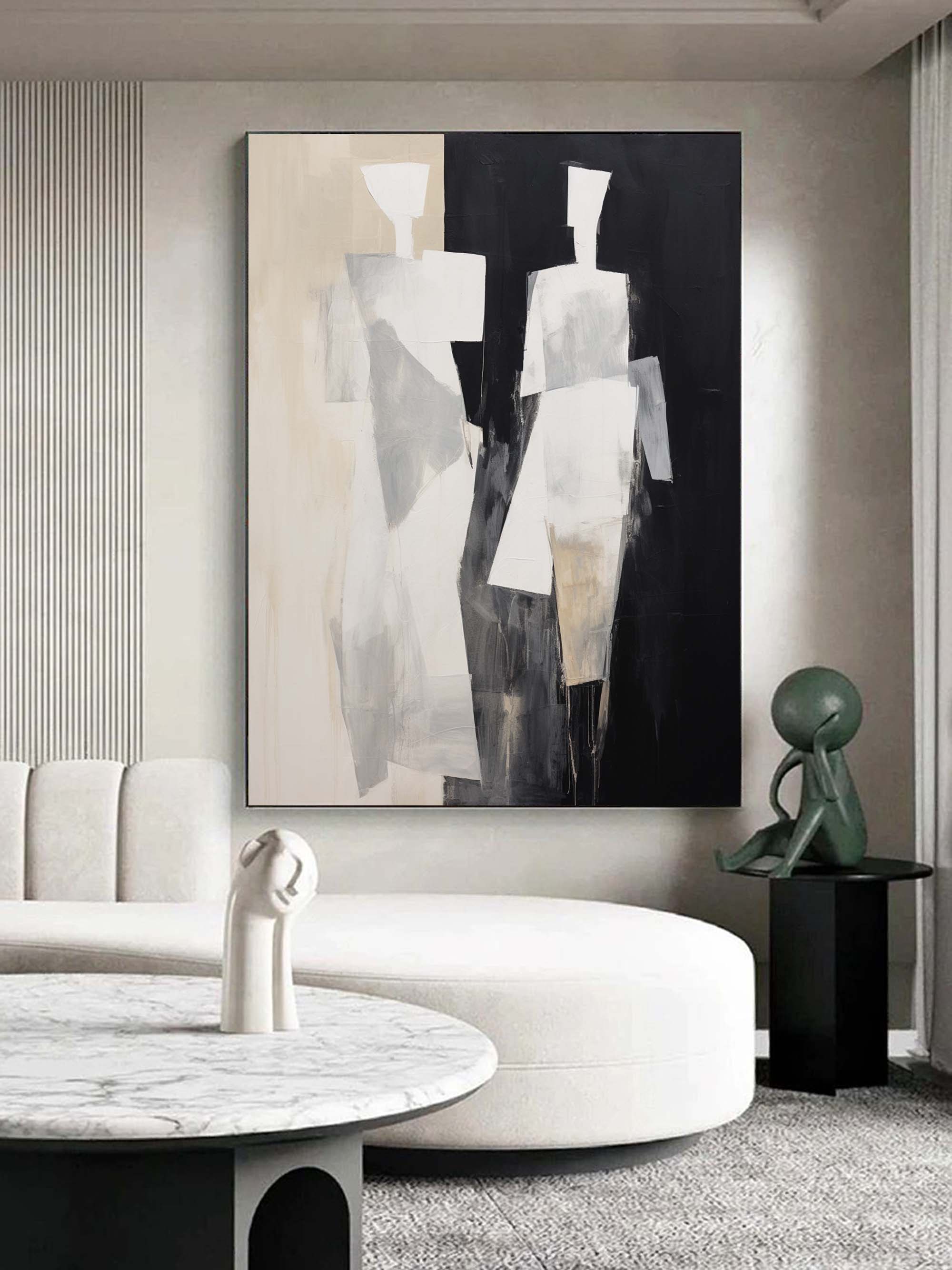 Black And Beige 2 People Minimalist Canvas Painting Black And Beige Minimalist Wall Art Contemporary Abstract Art Abstract People Art Canvas