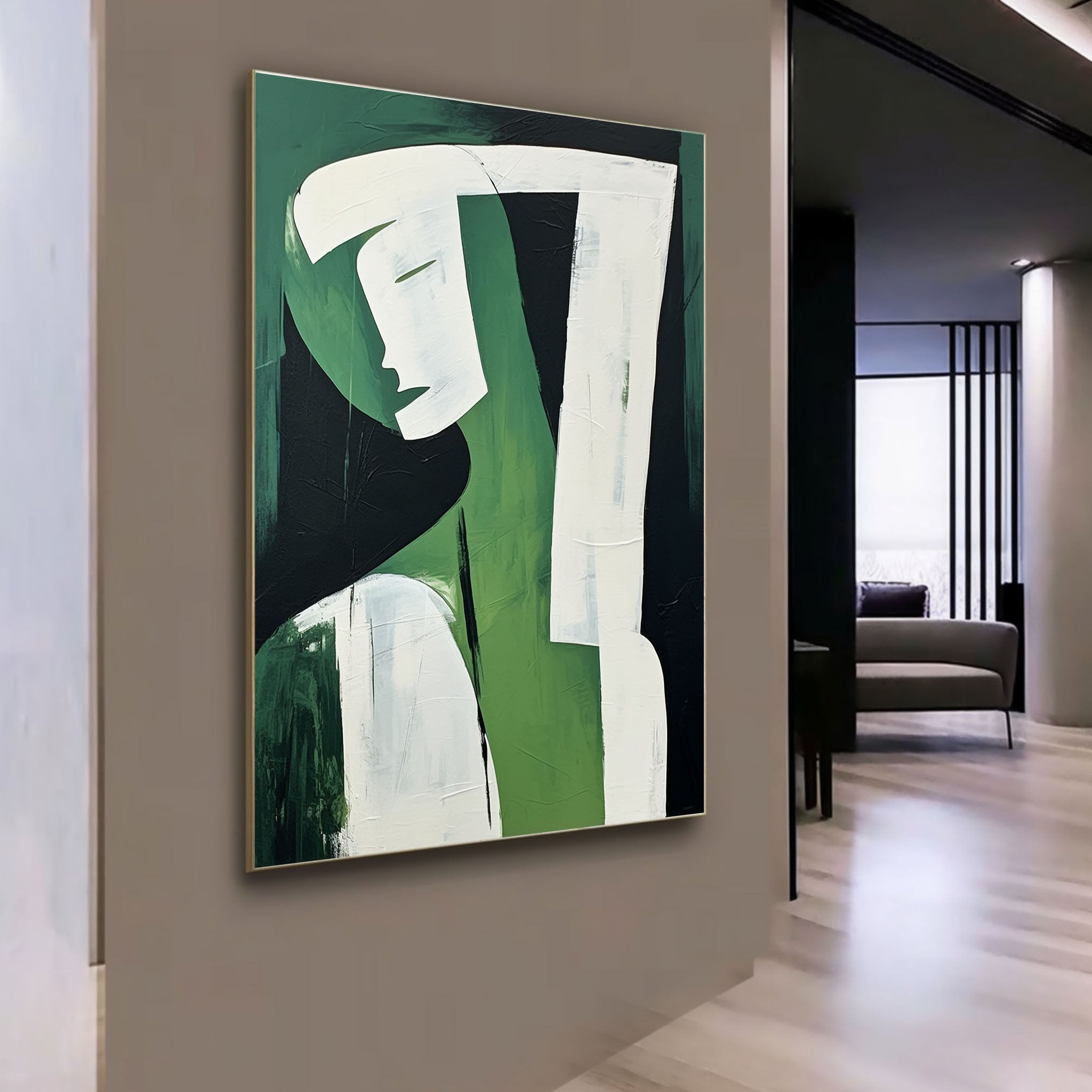 Large White and Green Minimalistic Abstract Wall Art Abstract Woman Art on Canvas Original Artist