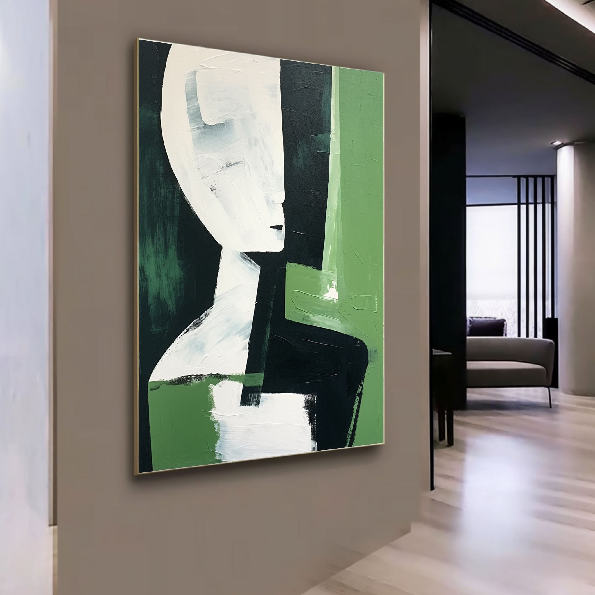 Green And White And Black Abstract Canvas Oil Painting For Sale Contemporary Minimalist Wall Art