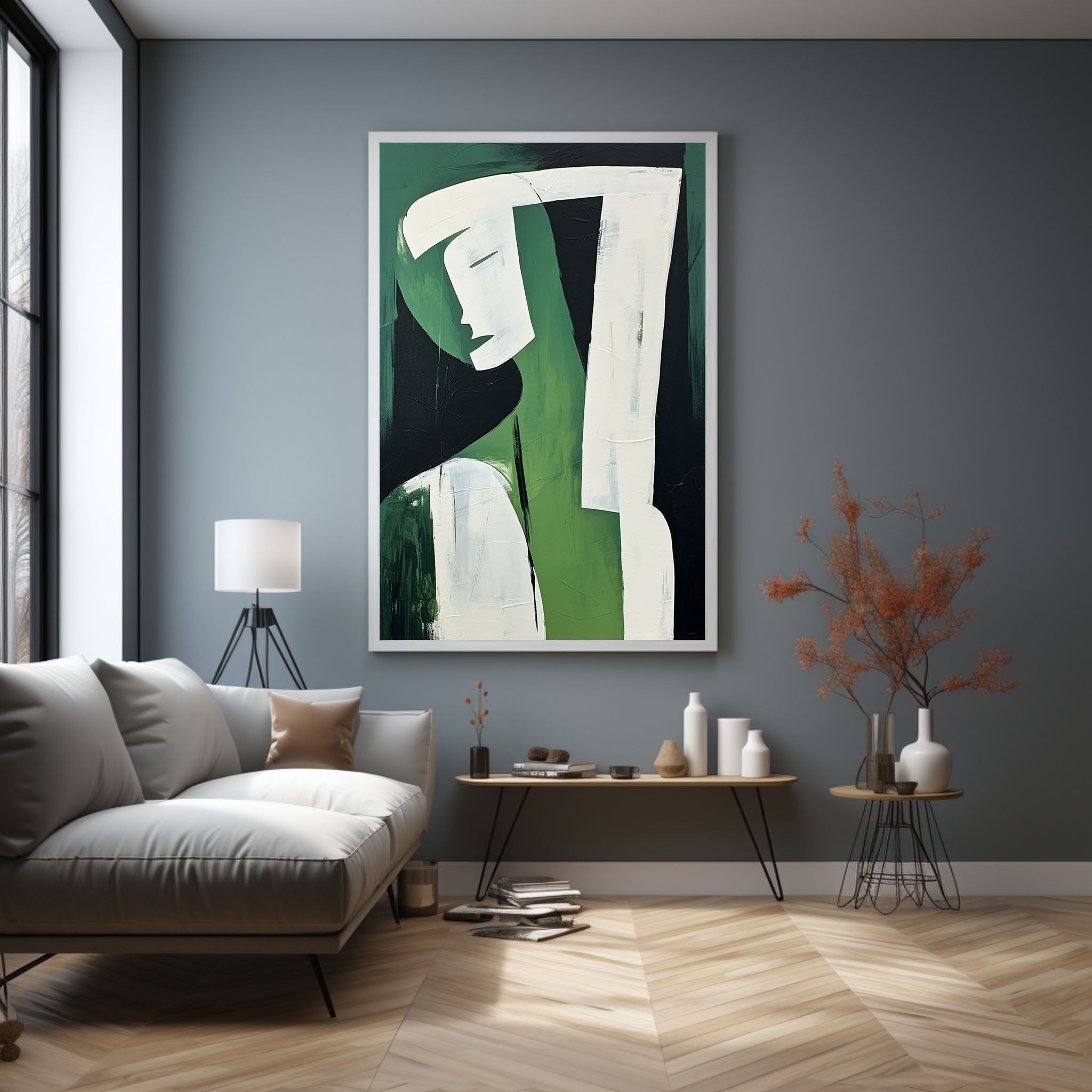 Large White and Green Minimalistic Abstract Wall Art Abstract Woman Art on Canvas Original Artist