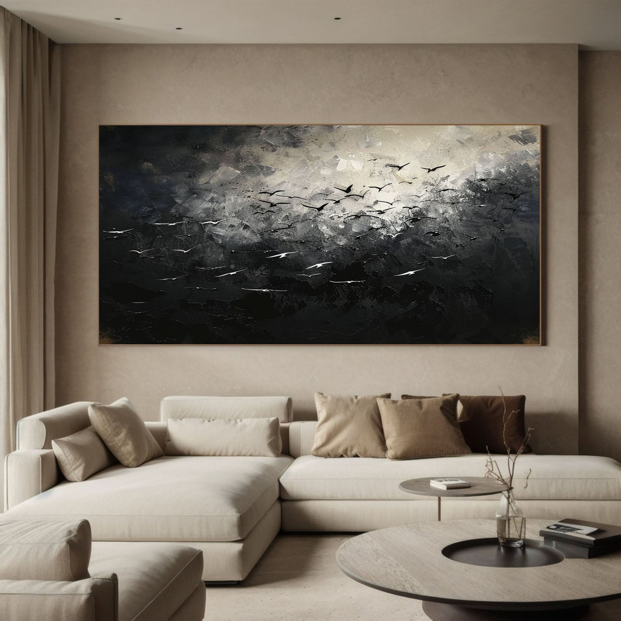 Majestic Birds in Flight Abstract Art Large Black and White Canvas #BM 060