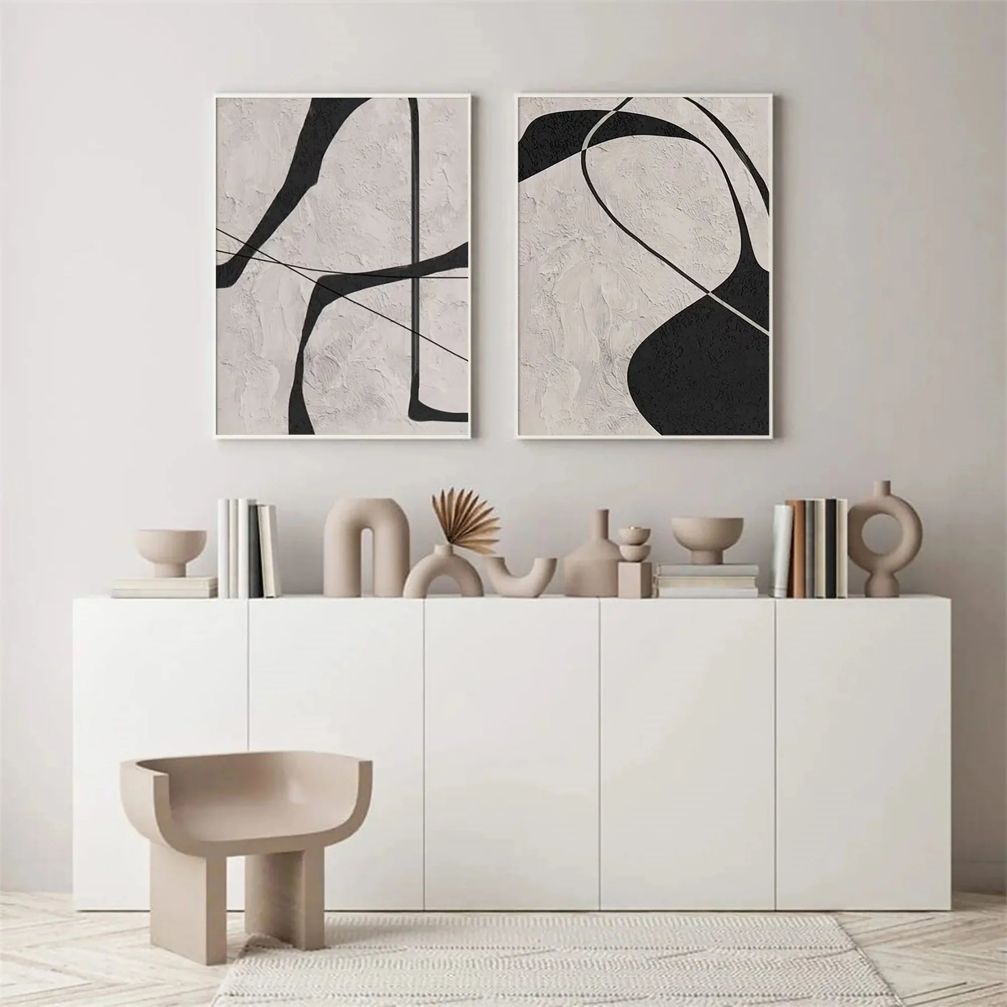 Beige & Black Abstract Textured Painting Set of 2 #WS110