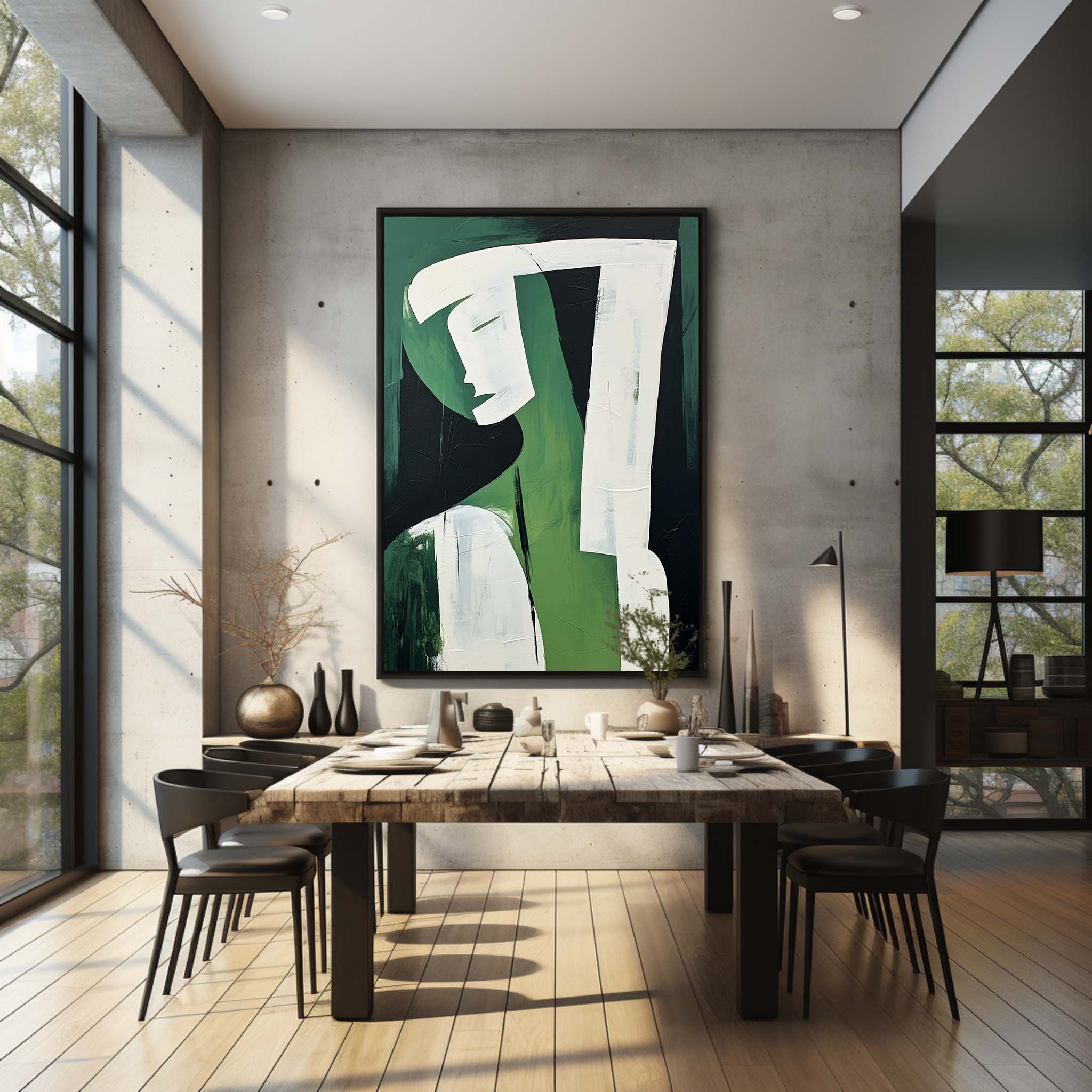 Large White and Green Minimalistic Abstract Wall Art Abstract Woman Art on Canvas Original Artist