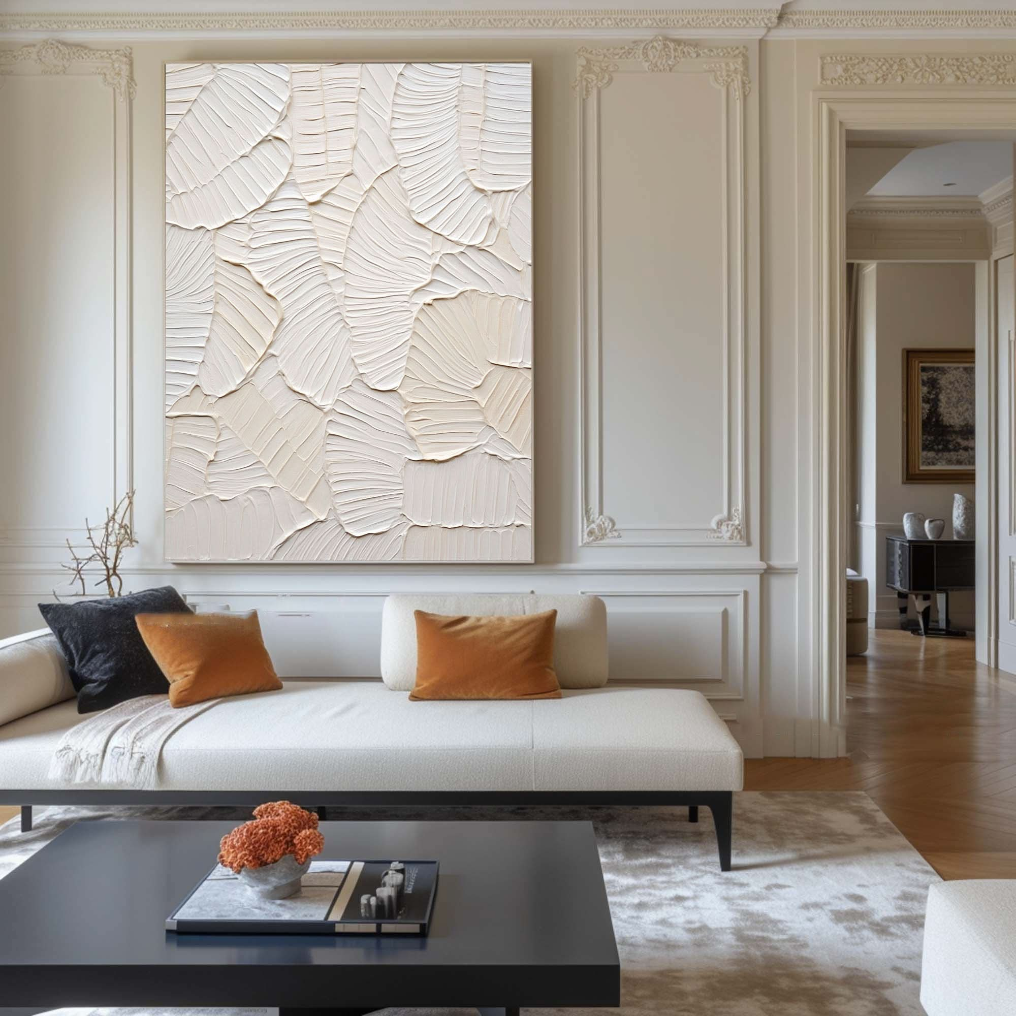 Elegant White Leaf Texture Canvas Art #WM 012